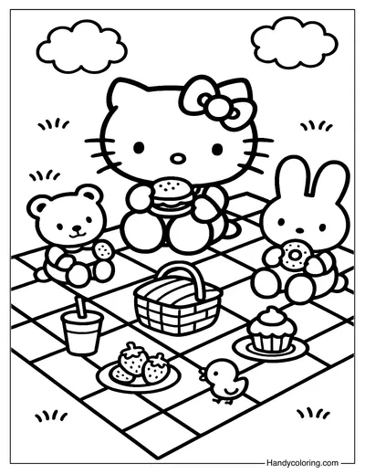 Hello Kitty Goes on a Picnic with Friends Color Page