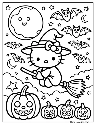 Hello Kitty Halloween Witch Coloring Page