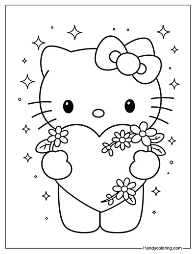 Hello Kitty Holding a Big Heart Coloring Page
