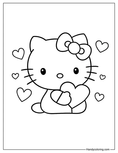 Hello Kitty Holding a Heart Coloring Page