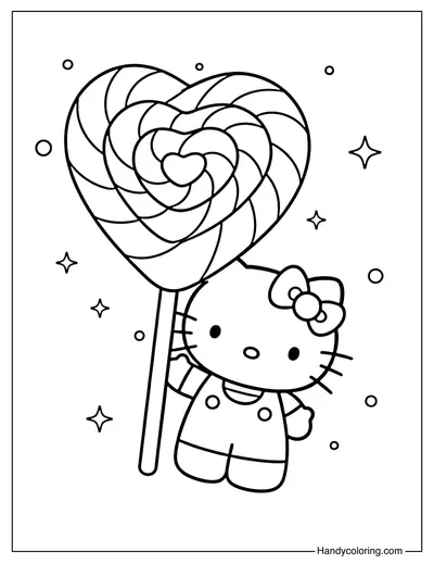 Hello Kitty Holding a Heart Lollipop Coloring Page