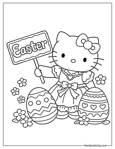 Hello Kitty Holding Easter Sign