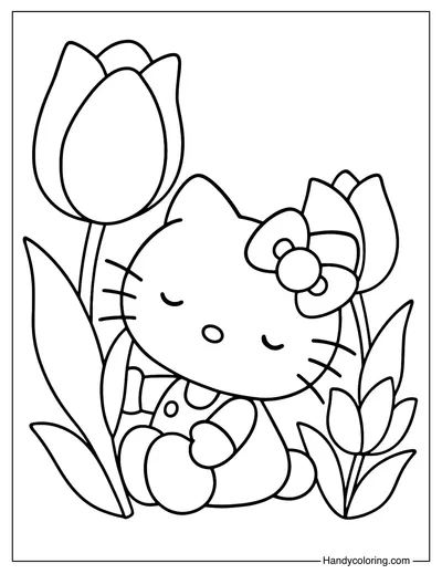Hello Kitty in a Tulip Garden Coloring Page