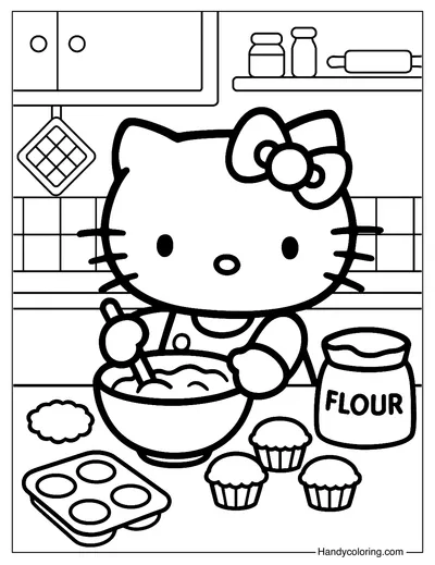 Hello Kitty in the Kitchen Free Coloring Printable