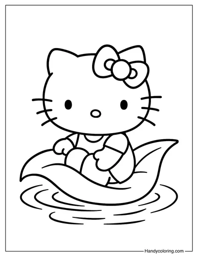 Hello Kitty on a Leaf Boat Coloring Page