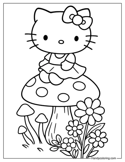 Hello Kitty on Mushroom Coloring Page