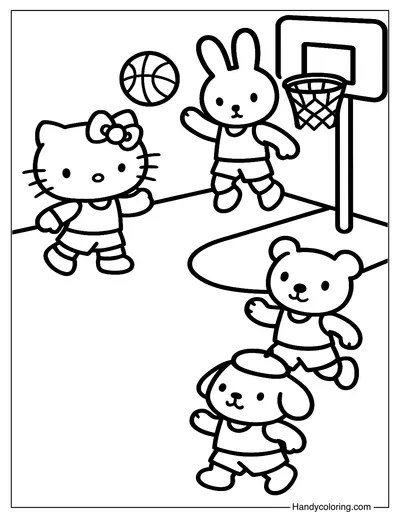 Hello Kitty Playing Basketball with Friends Coloring Sheet