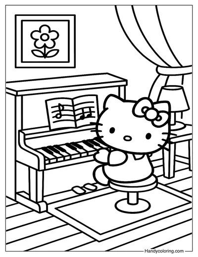 Hello Kitty Playing the Piano Coloring Page