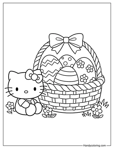 Hello Kitty Sitting Next To A Easter Basket