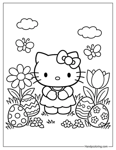 Hello Kitty Standing in Easter Garden