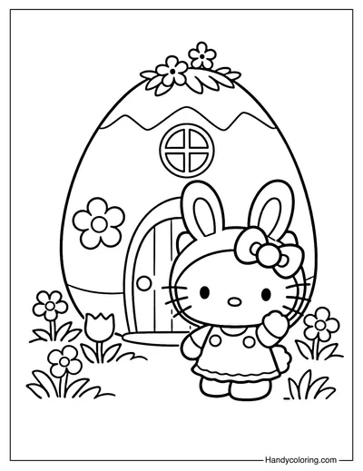 Hello Kitty Standing In Front Of Easter Egg House