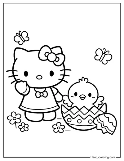 Hello Kitty Standing Next To A Easter Chick