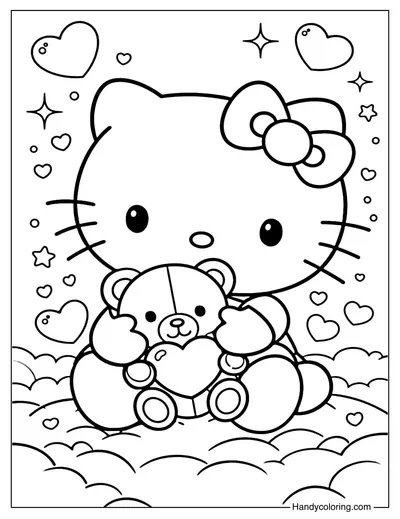 Hello Kitty Valentines Day with Teddy Bear Coloring Page