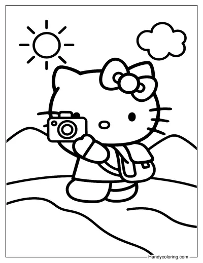 Hello Kitty with Backpack and Camera Coloring