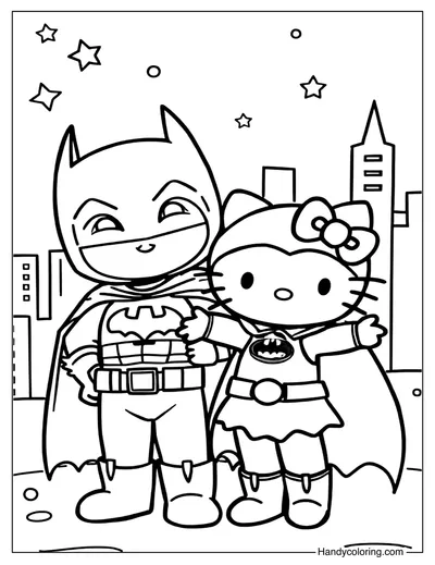 Hello Kitty with Batman Coloring Page Printable