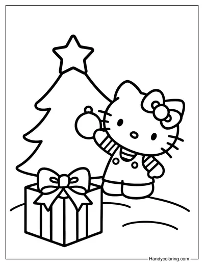 Hello Kitty with Christmas Gift Coloring Page