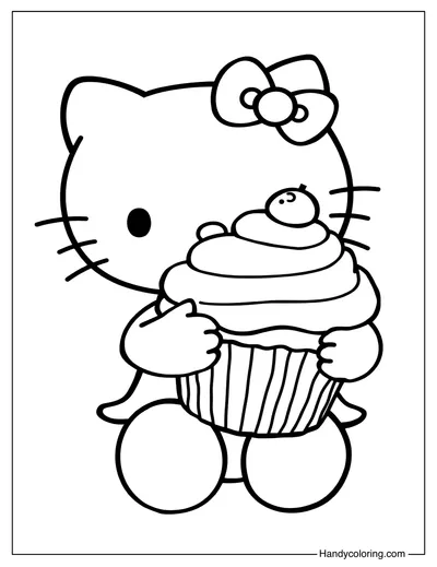 Hello Kitty with Cupcake Coloring For Kids