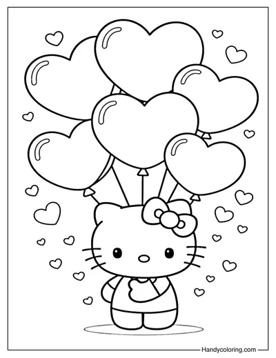 Hello Kitty with Heart Balloons Coloring Page