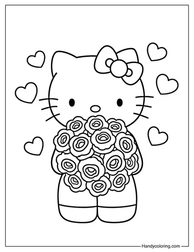 Hello Kitty with Rose Bouquet Coloring Page