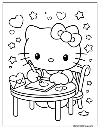 Hello Kitty Writing a Love Letter Coloring Page