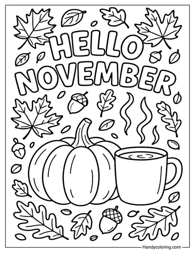 Hello November Cozy Autumn Coloring Page