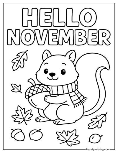 Hello November Squirrel Coloring Page