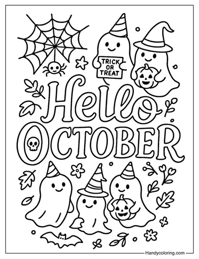 Hello October Cute Spooky Coloring Page