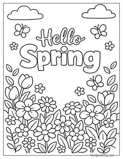 Hello Spring Garden Coloring Page