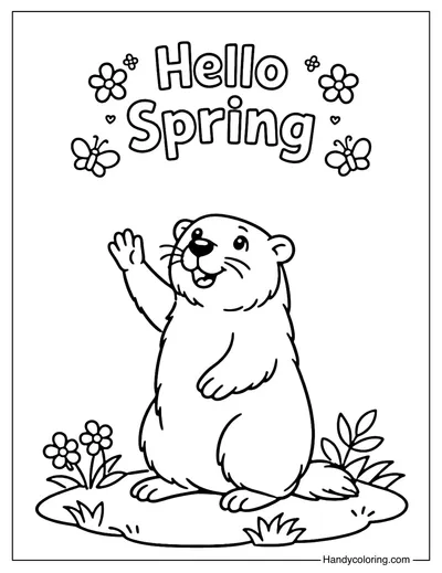 Hello Spring Groundhog Coloring Page
