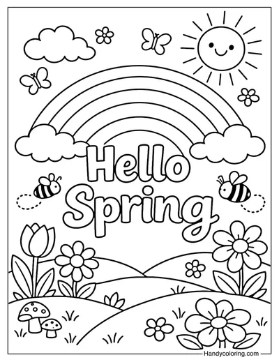 Hello Spring Rainbow Coloring Page