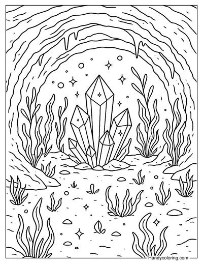 Hidden Cave of Crystals Coloring Page