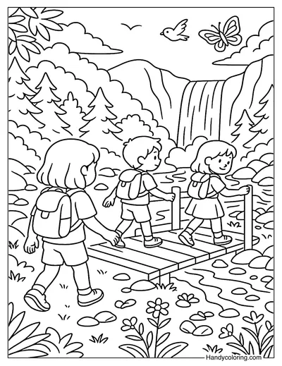 Hiking to the Waterfall Coloring Page