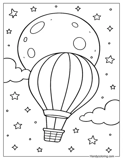 Hot Air Balloon and Moon Coloring Page
