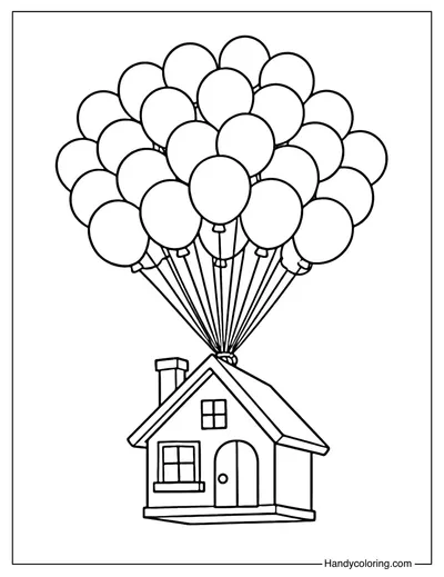 House Lifted by Balloons Coloring Page