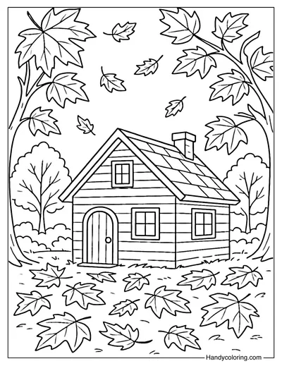 House with Autumn Leaves Coloring Page
