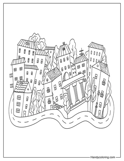 Houses, Street, old European City Coloring Sheet