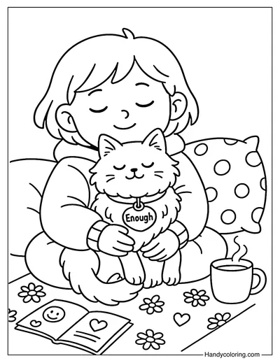 Hugging Cat with Enough Tag Coloring Page