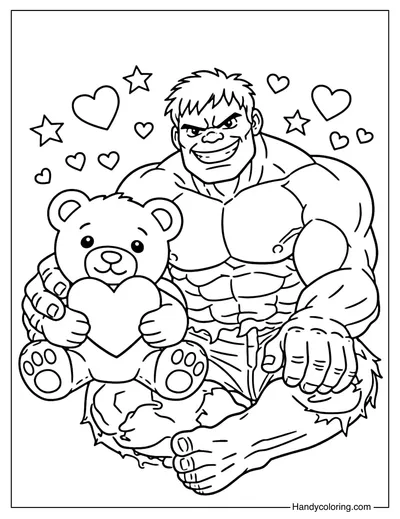 Hulk with Teddy Bear Valentine Coloring Page