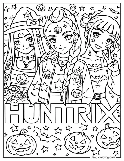 Huntrix in Halloween Costumes with Pumpkins