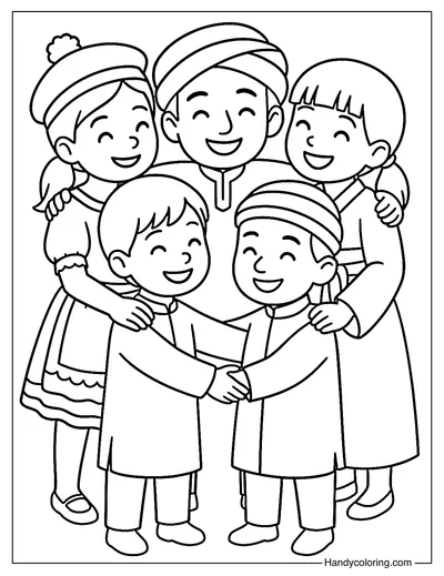 International Friends Hugging Coloring Page