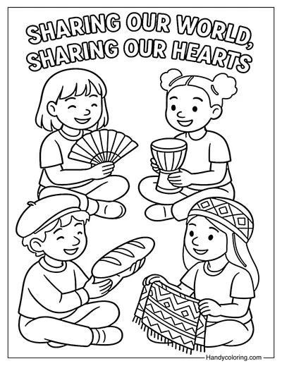 International Friends Sharing Cultural Gifts Coloring Page