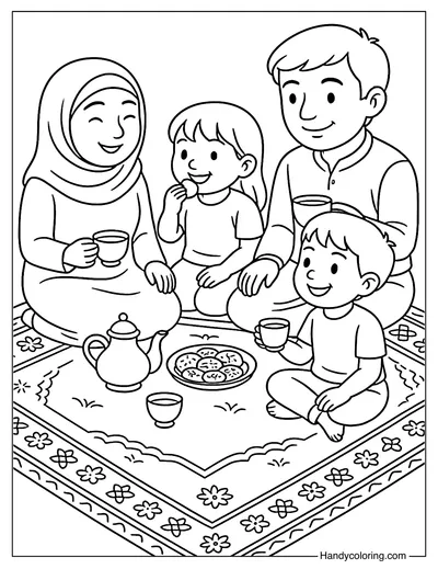 Iranian Family Picnic on Persian Rug Coloring Page