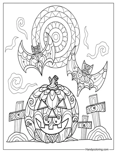 Jack O Lantern and Bat for Adults Coloring