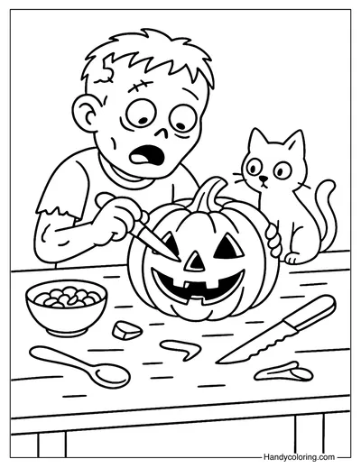 Jack-o'-Lantern Zombie Carver Coloring Page