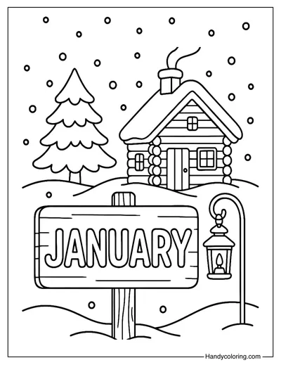 January Cozy Cabin Coloring Page