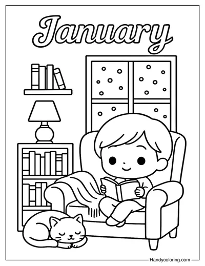 January Cozy Reading Corner Coloring Page