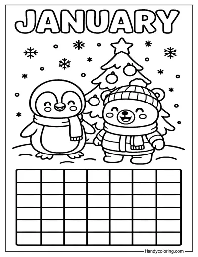 January Snowy Friends Calendar Coloring Page