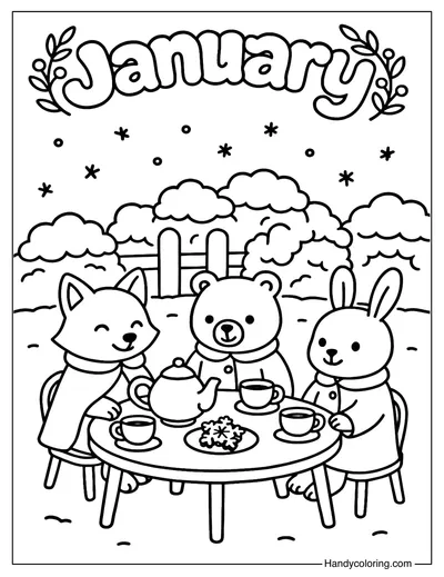January Winter Tea Party Coloring Page