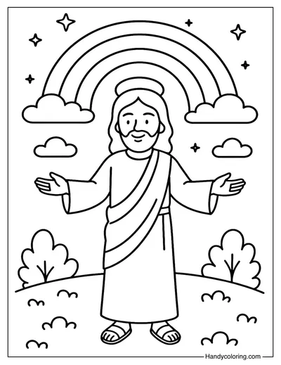 Jesus and Rainbow Coloring Page