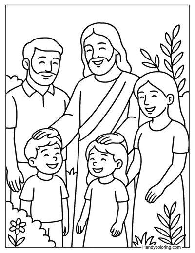 Jesus Blessing a Family Coloring Page